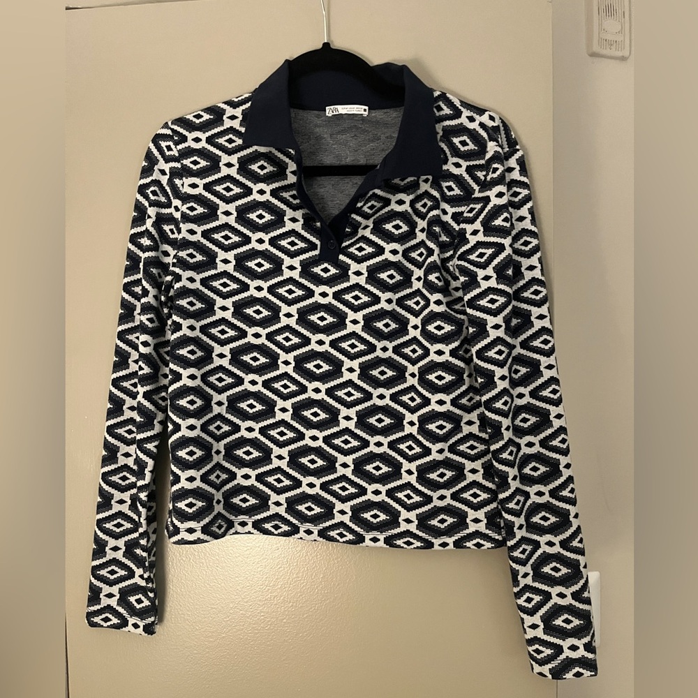 Zara Navy Geometric Long Sleeve Collared Shirt